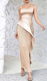 Ruffled Plated Maxi Dress In Khaki